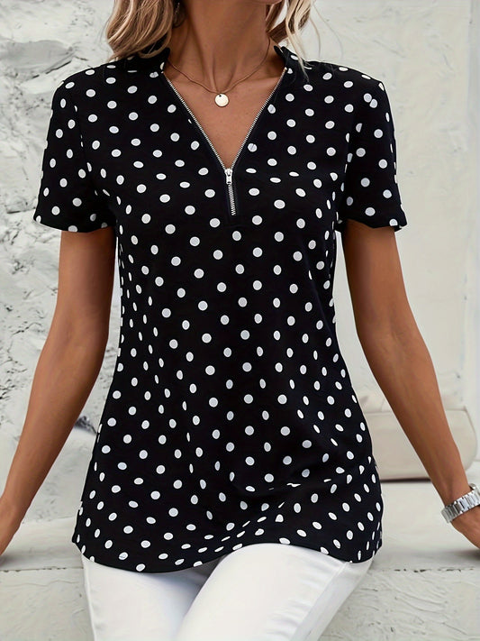 Elegant V Neck Short Sleeve Blouse - Polka Dots Print, Zipper Front, For Spring & Summer, Women's Clothing