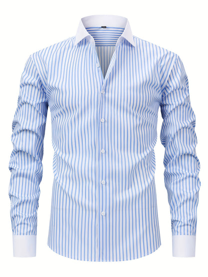 Men'S Elegant Striped Long Sleeve Button-Up Shirt - Red & White, Stretchy Polyester Blend, Fitted Design, Perfect for Business or Casual Wear, Gift for Me