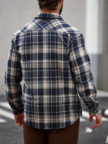 Men's Casual Flannel Shirt Coat - Solid Color Lapel Button-Up with Chest Pocket, Machine Washable Non-Stretch Fabric, Regular Fit Autumn Winter Outerwear, Autumn Apparel, Flannel, Long Sleeve Button Casual Shirt