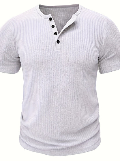 Solid Stripe Pattern Knit Short Sleeve T-shirt With Henley Neck, Chic And Stylish Sports Tops For Men's Summer Leisurewear And Outdoors Activities