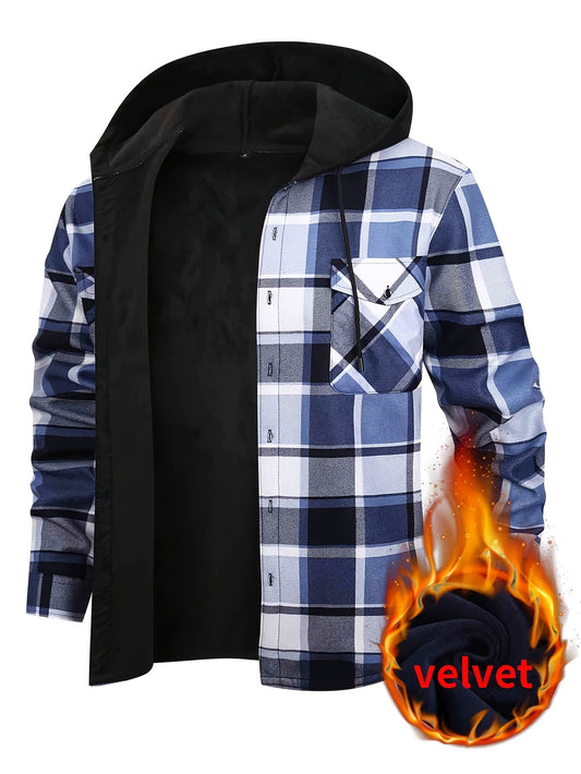 Men's Fleece-Lined Hoodie - Casual & Sporty, Plaid Pullover with Button Detail, Long Sleeve, Loose Fit for Fall/Winter