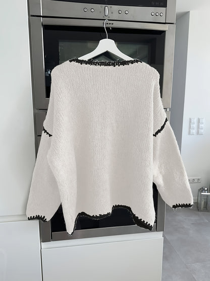 Solid Off-the-Shoulder Color Block Knit Sweater - Casual, Polyester, Fall/Winter, Knit Fabric, 88.2 g/m²