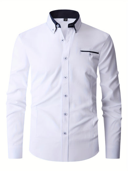Men's Contrast Collar Design Lapel Collar Design Dress Shirts, Long Sleeve Casual Button Up Shirt For Formal Occasions