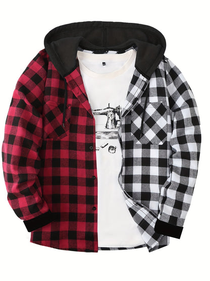 Men's Casual Plaid Hoodie Shirt - Long Sleeve Button-Up with Drawstring Hood, Red & Yellow Gingham Print, Polyester Blend, Comfortable and Stylish for Casual Attire, Essential Hoodie