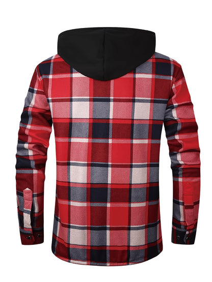 Men's Fleece-Lined Hoodie - Casual & Sporty, Plaid Pullover with Button Detail, Long Sleeve, Loose Fit for Fall/Winter