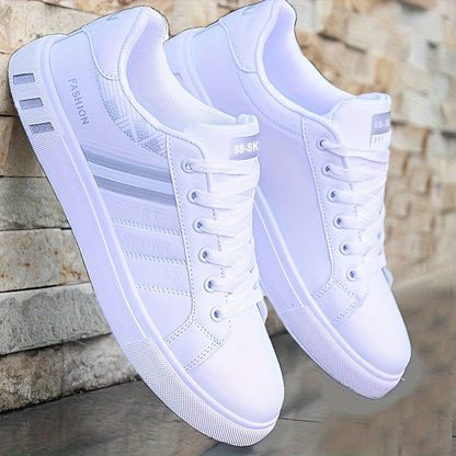 KOONEXY Men's Low-Top Sneakers - White Lace-Up Shoes with Cushioned PVC Sole, Breathable PU Upper for Gym, Casual, Outdoor - All-Season Sneakers for Everyday & Sports, Sleek Sporty Design, Comfortable Fit