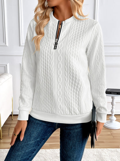 Chic Women's Half-Zip Pullover Sweatshirt - Elegant Solid Color Long Sleeve with Textured Cable Knit, Baseball Collar & Front Zipper, Polyester Blend, Machine Washable, Spring/Fall Casual Wear, Everyday Sweatshirt | Baseball Collar Top | Ribbed