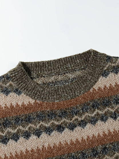 Men's Casual Color-Block Geometric Knit Sweater - Loose Fit Ribbed Detail Pullover, Machine Washable Autumn Winter Warm Crewneck Sweater for Casual Attire, Knitted Sweater, Durable Winter Wear
