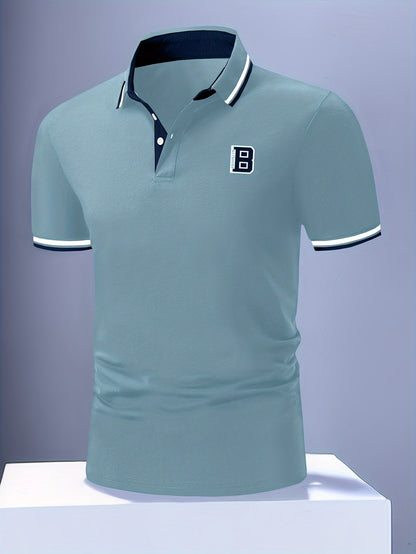 Men's Trendy Simple Letter Print Color Block Short Sleeve Button Up Lapel Shirt For Summer Daily, Golf Shirt