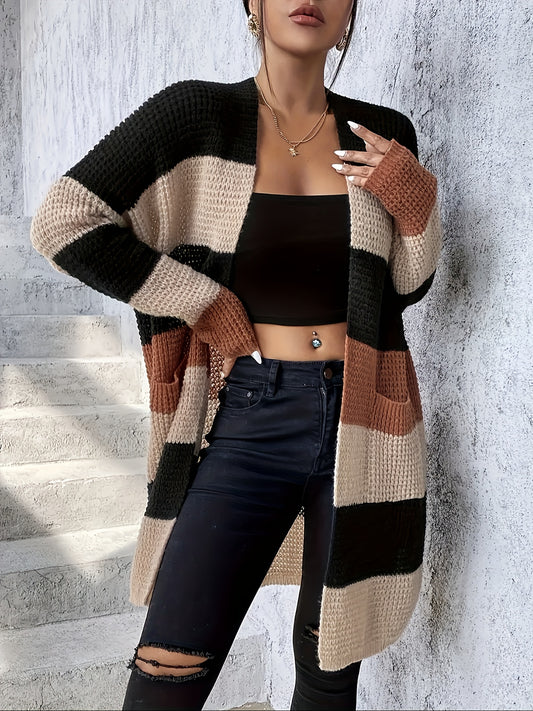 Long Sleeve Color Block Pockets Cardigan for Fall & Winter, Casual Women's Clothing