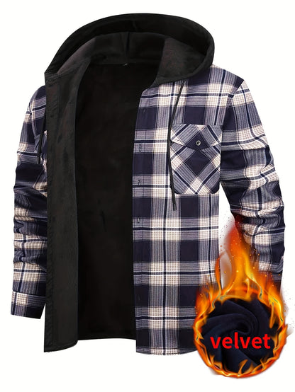 Men's Fleece-Lined Hoodie - Casual & Sporty, Plaid Pullover with Button Detail, Long Sleeve, Loose Fit for Fall/Winter