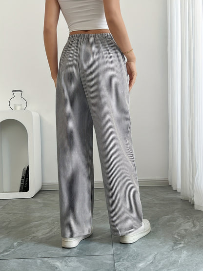 Slant Pockets Wide Leg Pants, Casual Striped Print Loose Drawstring Waist Pants For Spring & Summer, Women's Clothing