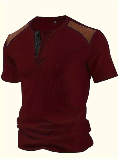 Men'S Waffle Texture Two-Tone Henley Shirt - Casual Summer Short Sleeve, Round Neck, Non-Stretch Fabric