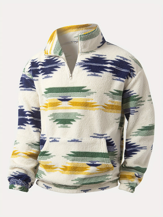 Men's Loose Polar Fleece Folk Style Print Sweatshirt With Kangaroo Pocket, Casual Breathable Half Zipper Stand Collar Long Sleeve Top For Outdoor