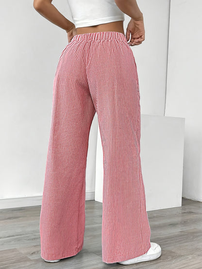 Slant Pockets Wide Leg Pants, Casual Striped Print Loose Drawstring Waist Pants For Spring & Summer, Women's Clothing