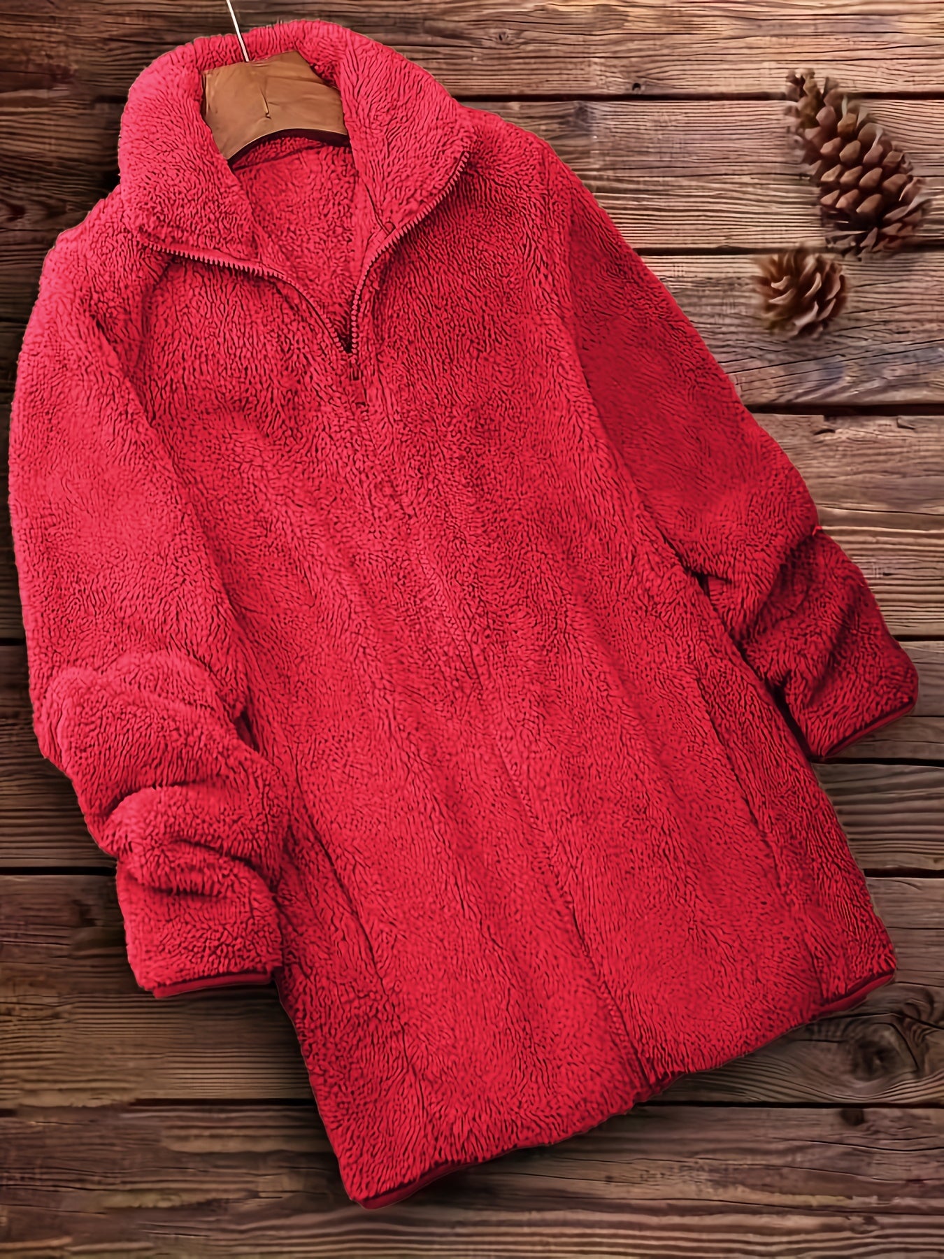 [Long Sleeve Winter Teddy Coat] Zip Up Solid Teddy Coat, Casual Long Sleeve Winter Outerwear, Women's Clothing