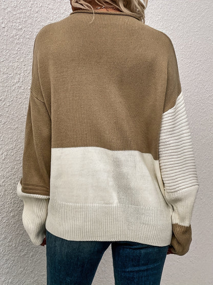 Womens Elegant Color Block Funnel Neck Pullover Sweater - Soft High Elasticity Acrylic Knit Fabric, Long Sleeve Drop Shoulder Design, Easy Care Hand Wash or Dry Clean, Perfect for Fall and Winter - Classic Style for Casual Daily Wear