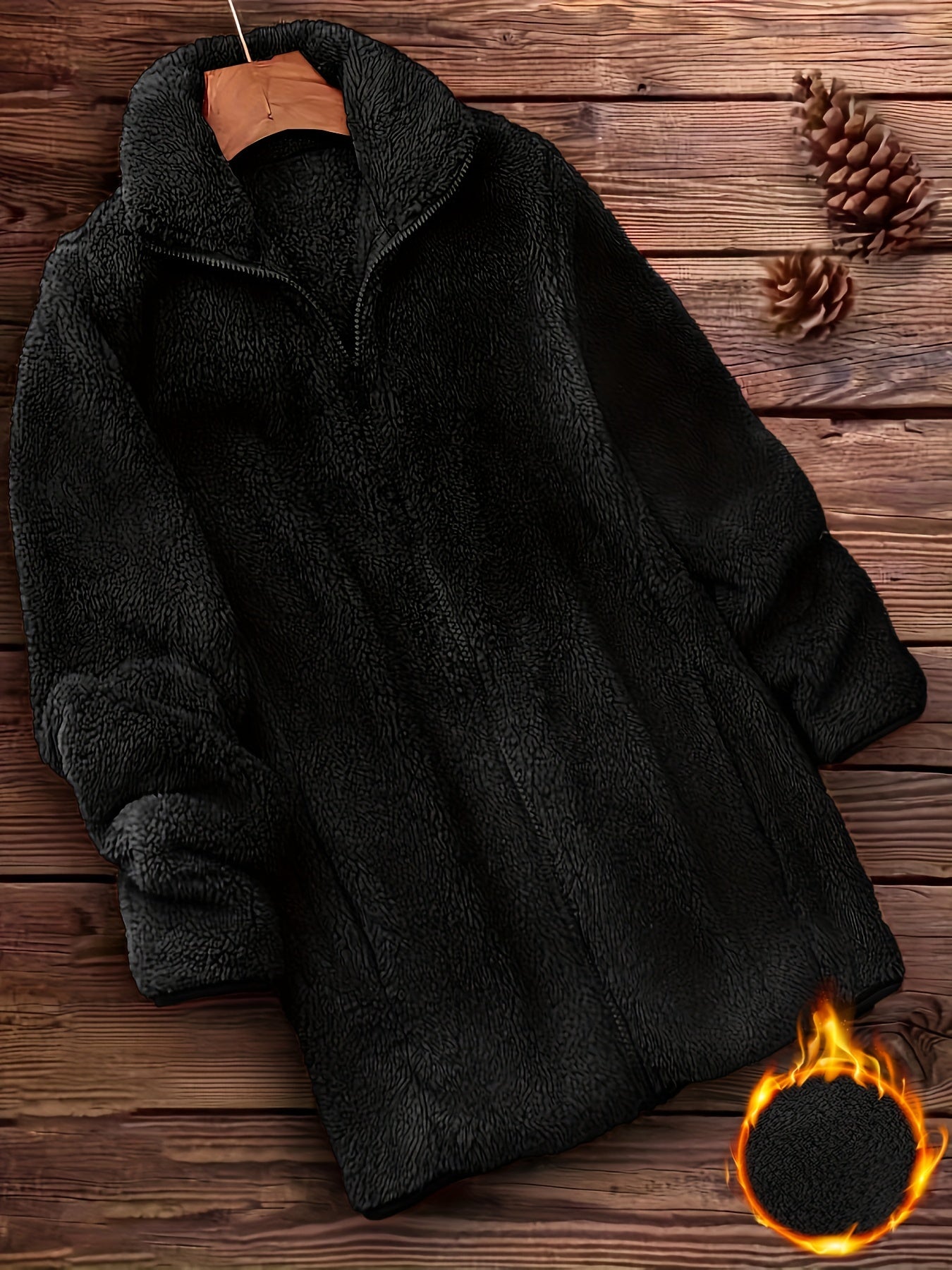 [Long Sleeve Winter Teddy Coat] Zip Up Solid Teddy Coat, Casual Long Sleeve Winter Outerwear, Women's Clothing