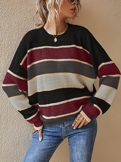 Women'S Color Block Striped Pullover Sweater - Cozy Long Sleeve Crew Neck, Loose Fit, Fall/Winter Casual Top with Green, Brown, and Beige Stripes, Casual Winter Wear | Relaxed Fit Top | Construction, Sweater Dress, Fall Clothe For Women, Fall Sw