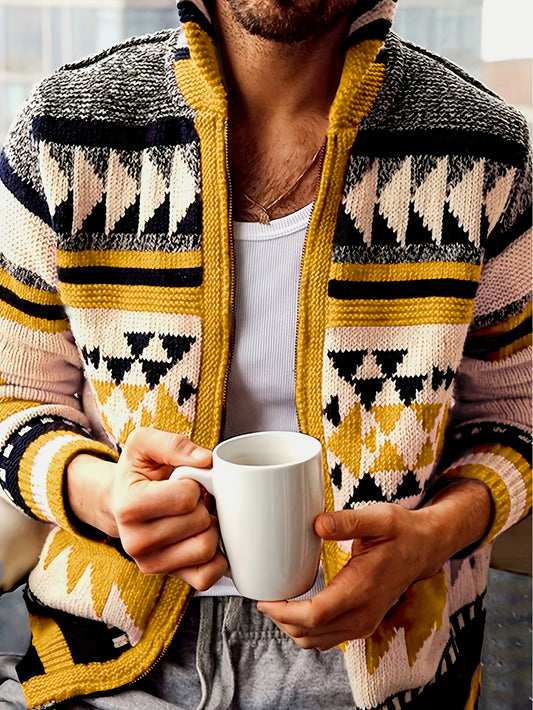Men's Casual Sport Sweater, Zip-Up Stand Collar Design with Warmth and Style, Rich Color Palette Featuring Geometric Patterns in Unique Ethnic and Retro Aesthetic, Perfect for Autumn and Early Winter Wear