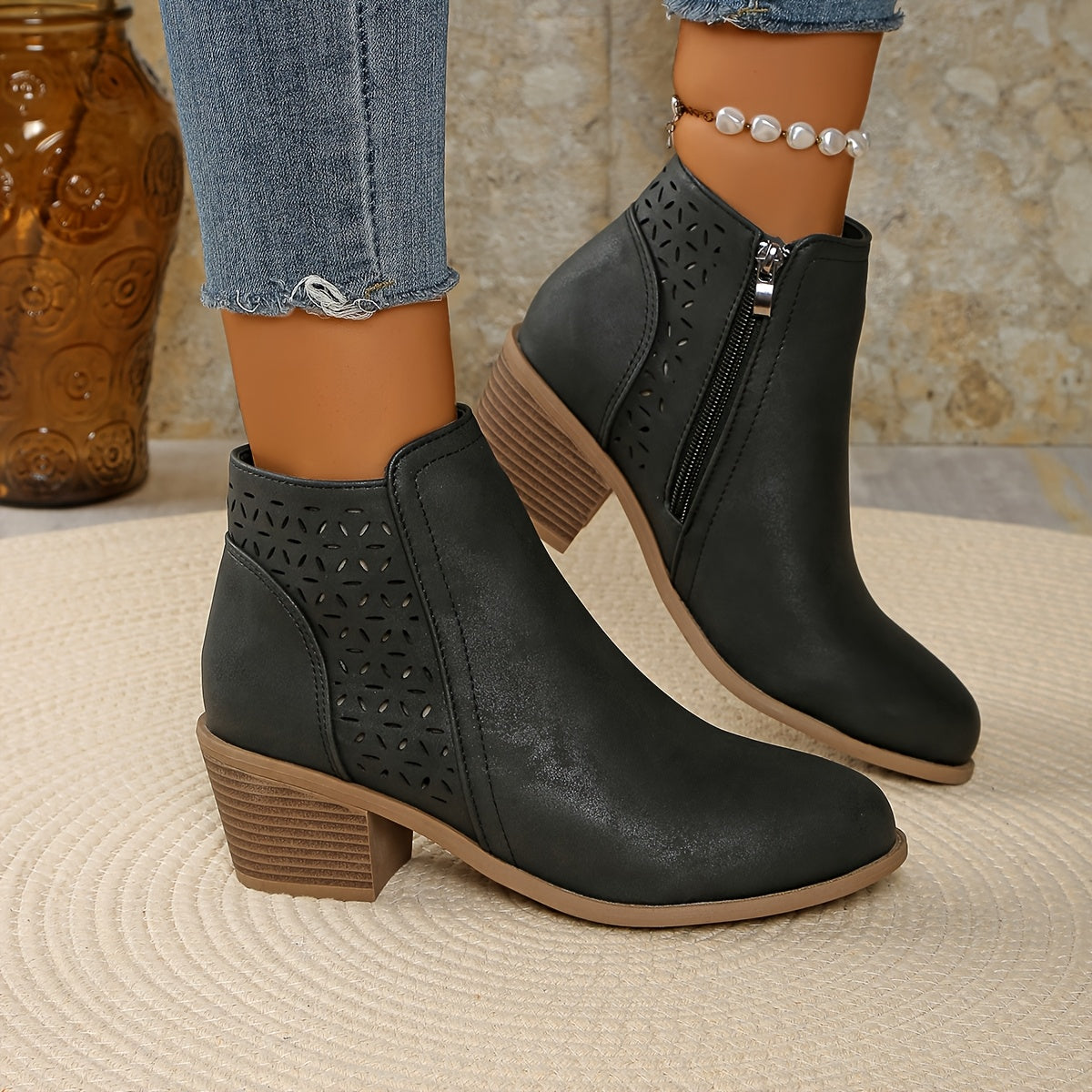 [Chunky Mid-Heel Ankle Boots] Comfortable & Durable Women's Chunky Mid-Heel Slip-On Ankle Boots | Laser-Cut Design, Round Toe, Plastic & PU Cover, All-Season Versatile Casual & Formal Footwear (Black), Block Heel