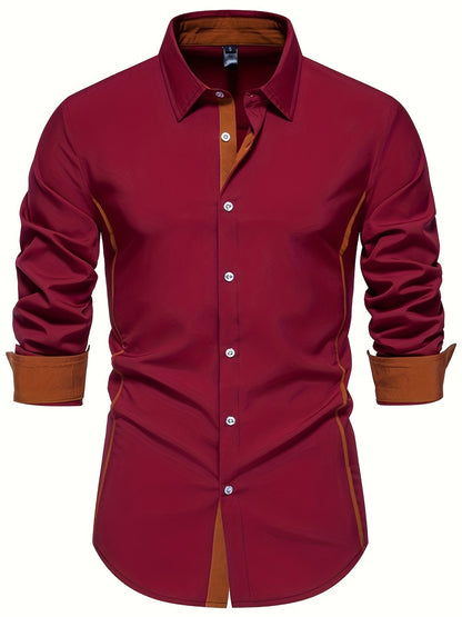Casual Color Block Men's Long Sleeve Button Up Shirt, Men's Spring And Autumn Mature Blouse