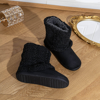 Women's Knitted Winter Boots - Thickened Warm Ankle Boots with Ribbed Texture, Soft Fabric Upper & TPR Sole, Hand Washable Casual Shoes for Fall/Spring (Black & Brown), Knit Boots, Seasonal Footwear, Cozy Footwear, Comfortable Lining, Comfort Se