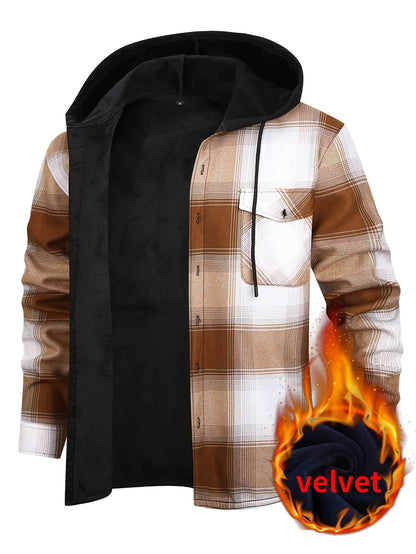 Men's Fleece-Lined Hoodie - Casual & Sporty, Plaid Pullover with Button Detail, Long Sleeve, Loose Fit for Fall/Winter
