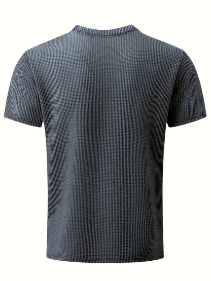 Men's Solid Color Waffle Knit T-Shirt - Breathable Stretch Fabric, Moisture-Wicking Round Neck Short Sleeve Tee for Summer Outdoor Sports & Casual Wear
