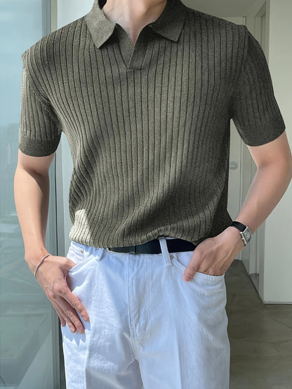 2024 New Men'S Small Hole Short Sleeve Polo Shirt Knitted Sweater - Beige, Medium Stretch, Solid Color, Regular Fit, All-Season Casual Wear, Casual Wear Sweater|Minimalist Style|Knit Construction, Sweater Vest