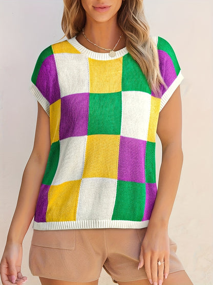 Grapefruit Orange Color Block Cap Sleeve Sweater