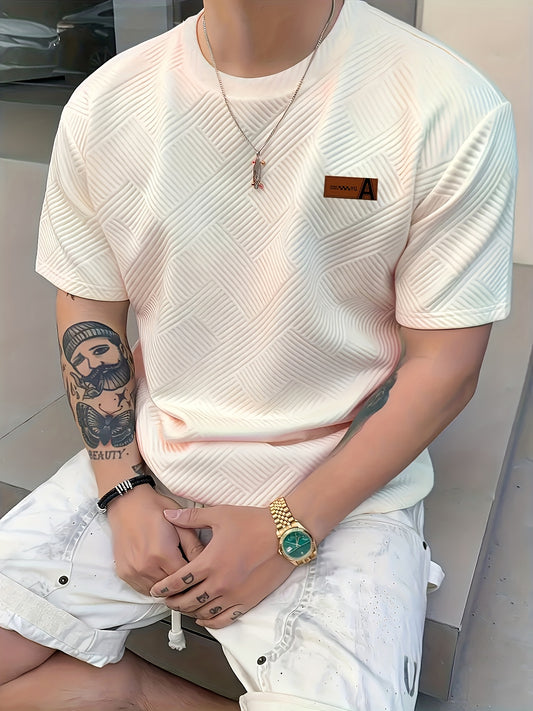 Men'S Casual Beige Short Sleeve T-Shirt with AFA Logo - 100% Polyester Knit, Lightweight & Breathable, Round Neck, Slight Stretch Fabric, Perfect for Casual Attir