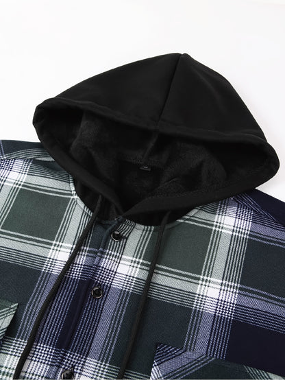 Men's Fleece-Lined Hoodie - Casual & Sporty, Plaid Pullover with Button Detail, Long Sleeve, Loose Fit for Fall/Winter