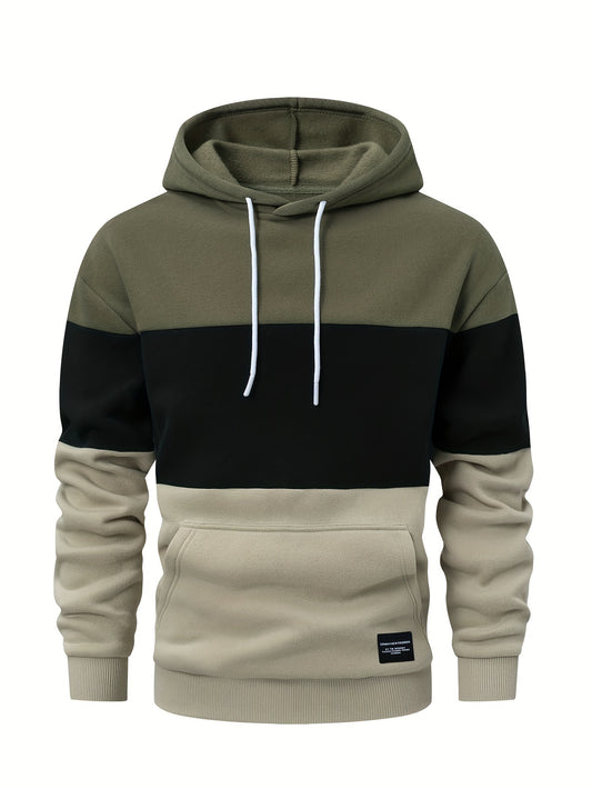 Men's Casual Color Block Hoodie - Soft Polyester Blend, Long Sleeve with Kangaroo Pocket, Drawstring Hood, Ideal for Fall/Winter Streetwear, Casual Streetwear|Hooded Sweatshirt|Polyester Blend Hoodie, Sweater Hoodie