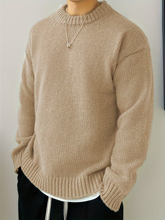 Men's Solid Knitted Pullover, Casual Long Sleeve Crew Neck Sweater For Fall Winter