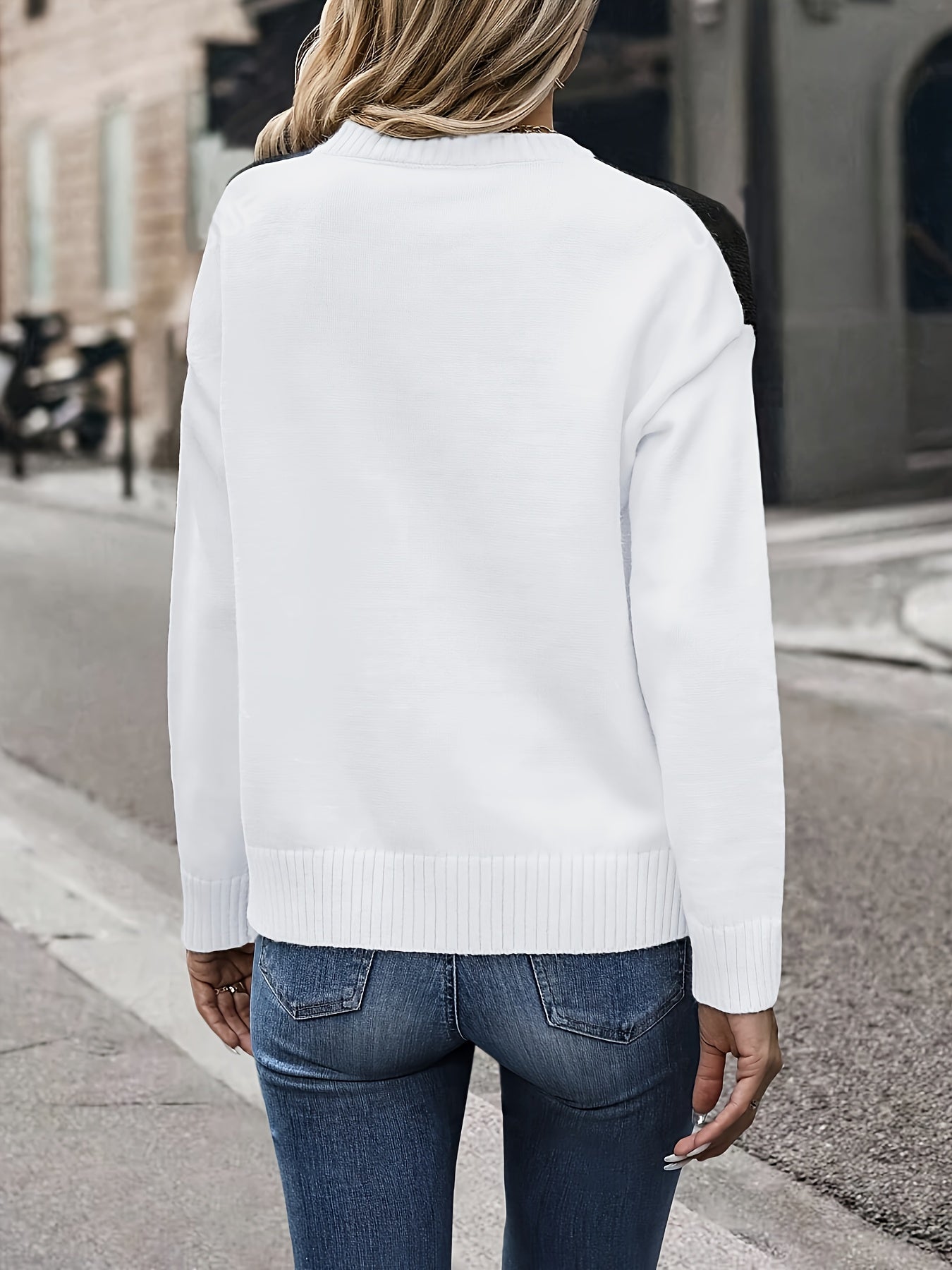 [Soft Sweater] Soft Women's Color-Block Round Neck Sweater | Relaxed Drop Shoulder Long Sleeve Pullover, Easy-Care Hand Wash/Dry Clean, Everyday Comfort Wear, Drop Shoulder Style, Quality Craftsmanship, Spring Fashion, Chic Knitwear, Lightweight