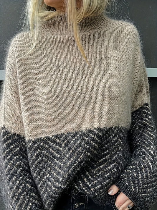 Vintage Color Block Half-Up Sweater - Casual Loose Fit, Long Sleeve Pullover with Contrast Trim, Beige & Gray Striped Design, Perfect for Fall/Winter, Relaxed Fit Sweater | Vintage Style Sweater | Construction, Sweater Dress