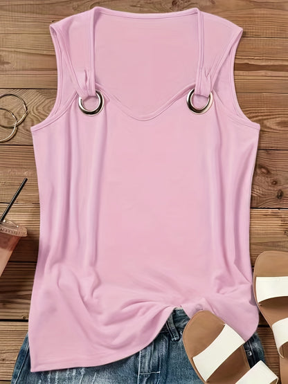 Women's Casual Sleeveless Crew Neck Tank Top - Vibrant Coral Solid Color with Keyhole Cutouts & Ring Detail, Lightweight Summer Top, Machine Washable, Ladies Tank Tops, Easycare Clothing