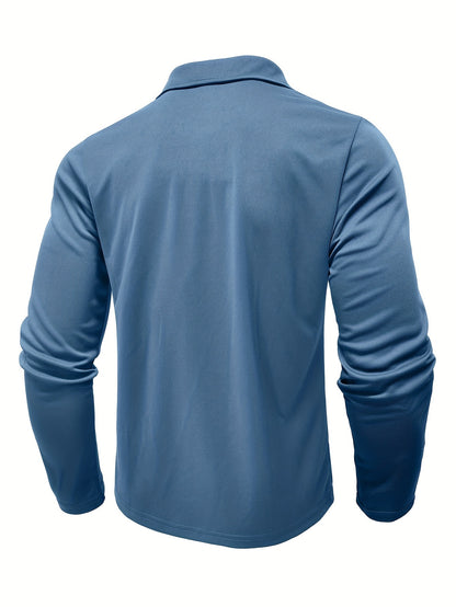 2024 Fall Casual Men'S Long Sleeve Polo Shirt with Color Block Design, Polyester Knit Fabric, Regular Fit, Half Placket, and Slight Stretch
