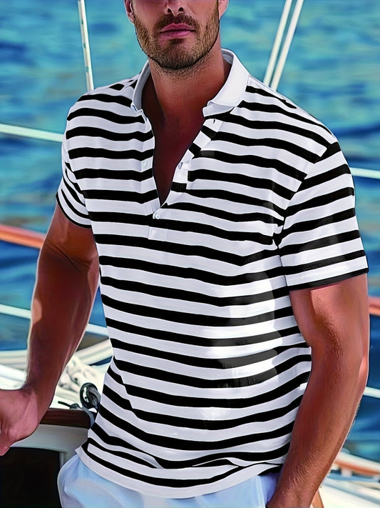 Men'S Short-Sleeve Polo Shirt with Print Stripes for Casual Summer Wear.