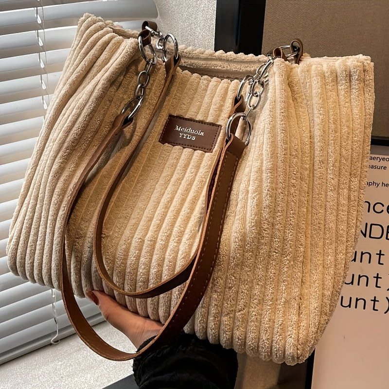[Travel Essential] Women'S Corduroy Tote Bag - Large Capacity Shoulder Bag with Fixed Strap, Zipper Closure, and Ribbed Texture in Brown/Grey/Black/White for Commuting and Short Trips, Casual Shoulder Bag | Minimalist Shoulder Bag | Soft Texture