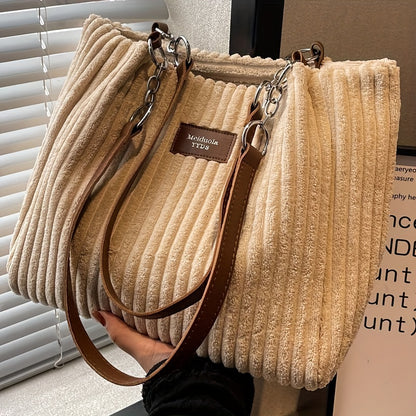 [Travel Essential] Women'S Corduroy Tote Bag - Large Capacity Shoulder Bag with Fixed Strap, Zipper Closure, and Ribbed Texture in Brown/Grey/Black/White for Commuting and Short Trips, Casual Shoulder Bag | Minimalist Shoulder Bag | Soft Texture