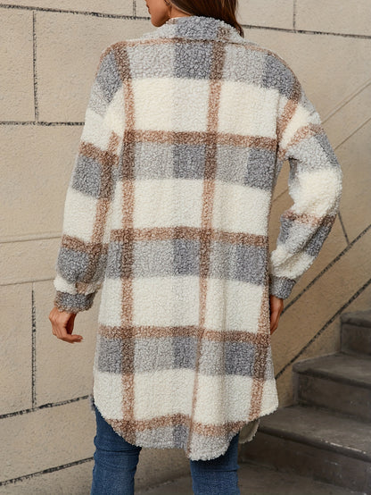 [Plaid Fuzzy Jacket] Fuzzy Plaid Pattern Jacket | Casual Thermal Long Sleeve Long Length Collar Coat For Fall & Winter, Women's Clothing