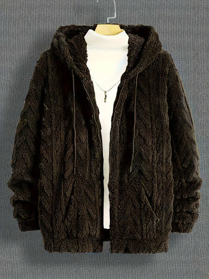 Fleece Polyester Knit Hooded Zip Long Sleeve Jacket