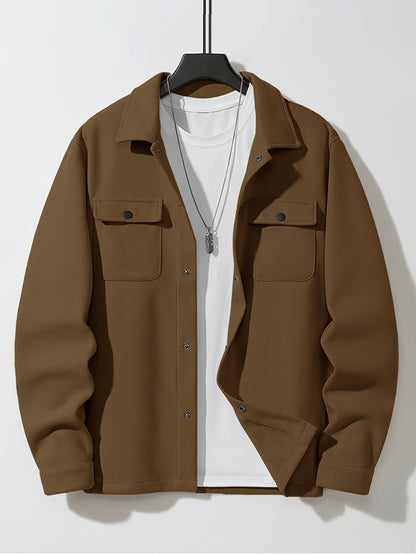 Men'S Solid Color Tweed Jacket, Mature Style, Snap Closure, Regular Fit, Polyester Lining, Woven Fabric, 485g/m², Fall/Winter Lapel Collar with Pockets
