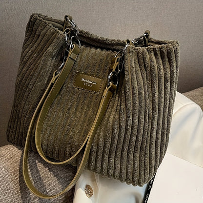 [Travel Essential] Women'S Corduroy Tote Bag - Large Capacity Shoulder Bag with Fixed Strap, Zipper Closure, and Ribbed Texture in Brown/Grey/Black/White for Commuting and Short Trips, Casual Shoulder Bag | Minimalist Shoulder Bag | Soft Texture