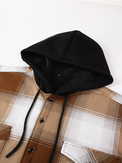 Men's Fleece-Lined Hoodie - Casual & Sporty, Plaid Pullover with Button Detail, Long Sleeve, Loose Fit for Fall/Winter