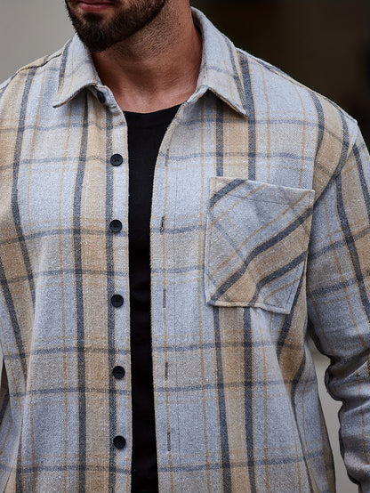 Men's Casual Flannel Shirt Coat - Solid Color Lapel Button-Up with Chest Pocket, Machine Washable Non-Stretch Fabric, Regular Fit Autumn Winter Outerwear, Autumn Apparel, Flannel, Long Sleeve Button Casual Shirt