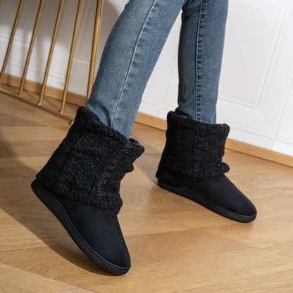 Women's Knitted Winter Boots - Thickened Warm Ankle Boots with Ribbed Texture, Soft Fabric Upper & TPR Sole, Hand Washable Casual Shoes for Fall/Spring (Black & Brown), Knit Boots, Seasonal Footwear, Cozy Footwear, Comfortable Lining, Comfort Se