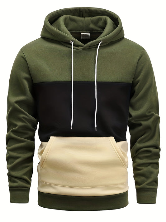 Men's Color Block Hoodie - Casual Pullover with Kangaroo Pocket, Long Sleeve, Polyester Blend, Machine Washable